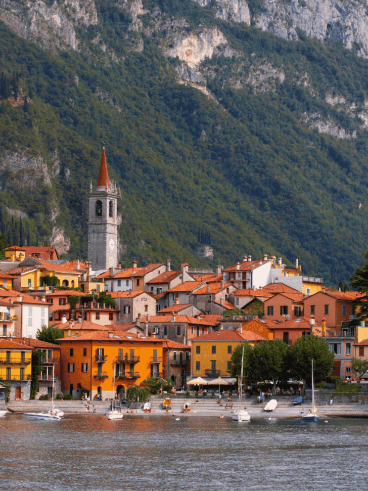 Menaggio's lakefront buildings and bell tower against the mountainside