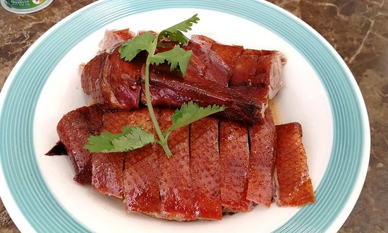 Sliced roast goose with crisp skin, plated and garnished with coriander