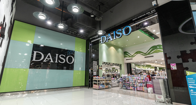Daiso store entrance at Komtar JBCC with shelves of household and stationery items
