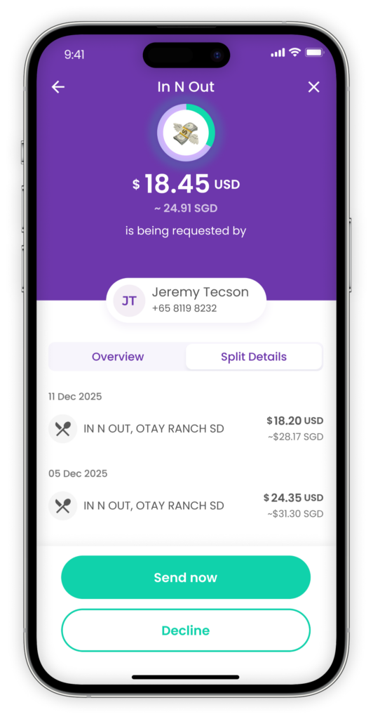 YouTrip Split screen showing a USD 18.45 payment request from a friend for a shared restaurant bill