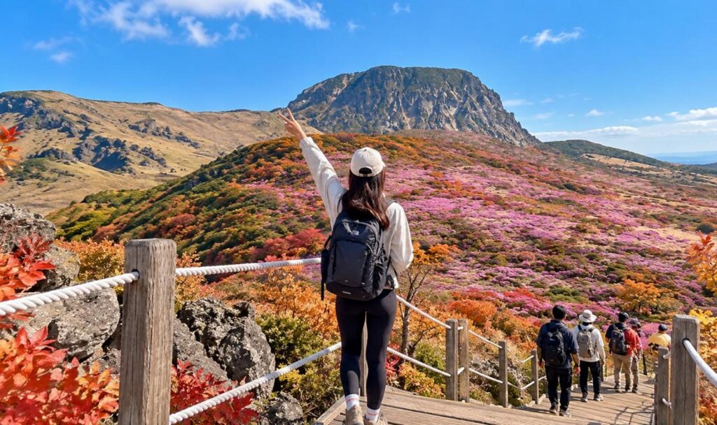 A hiker on a boardwalk overlooking Hallasan's rocky crater rim and autumn-coloured slopes