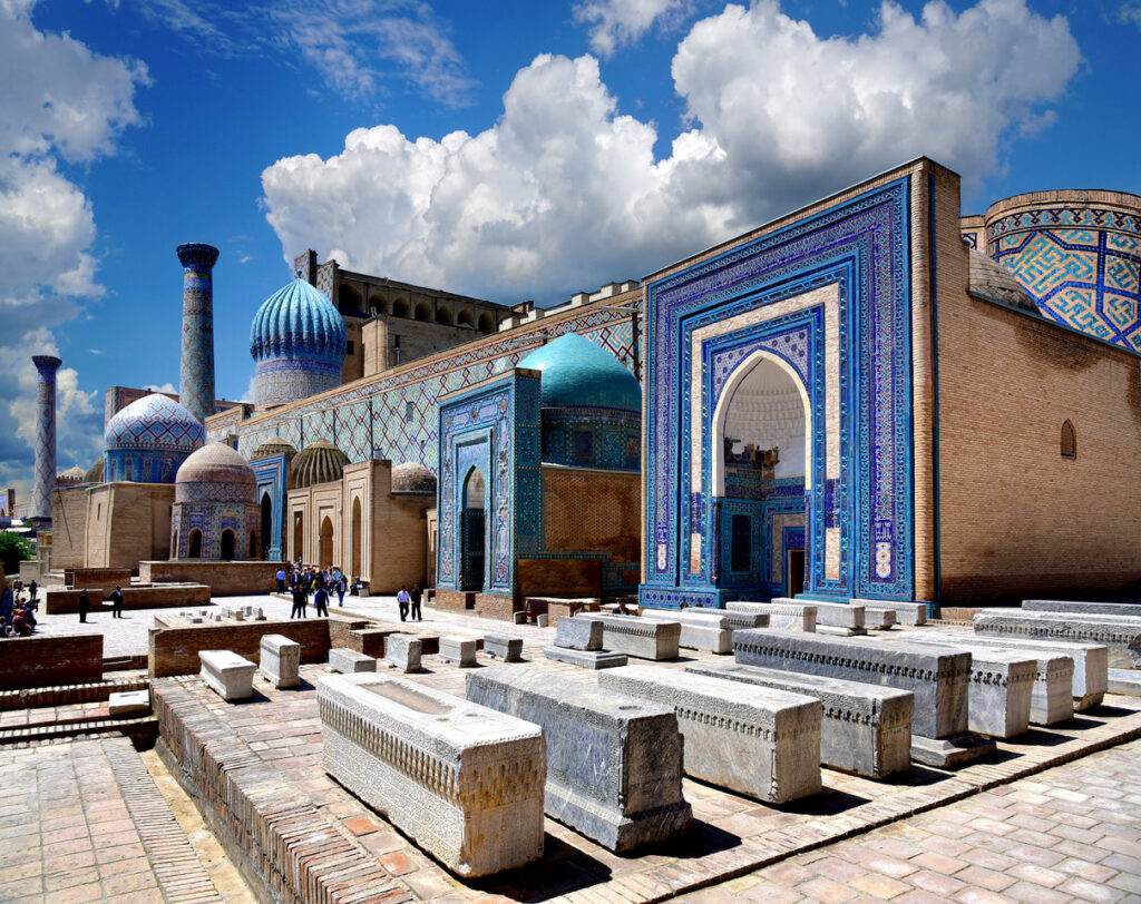 Blue-tiled mausoleums lining the narrow lane of Shah-i-Zinda Necropolis in Samarkand