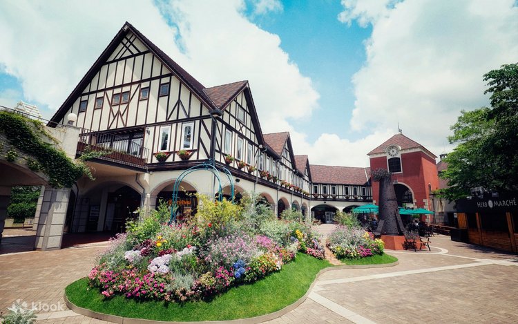 Tudor-style building and flower beds at the top of the Nunobiki Herb Gardens ropeway