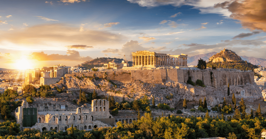 The Acropolis of Athens overlooking the city at sunset