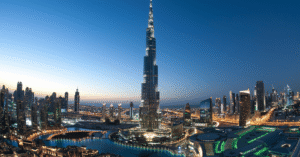Burj Khalifa and the Downtown Dubai skyline lit up at dusk