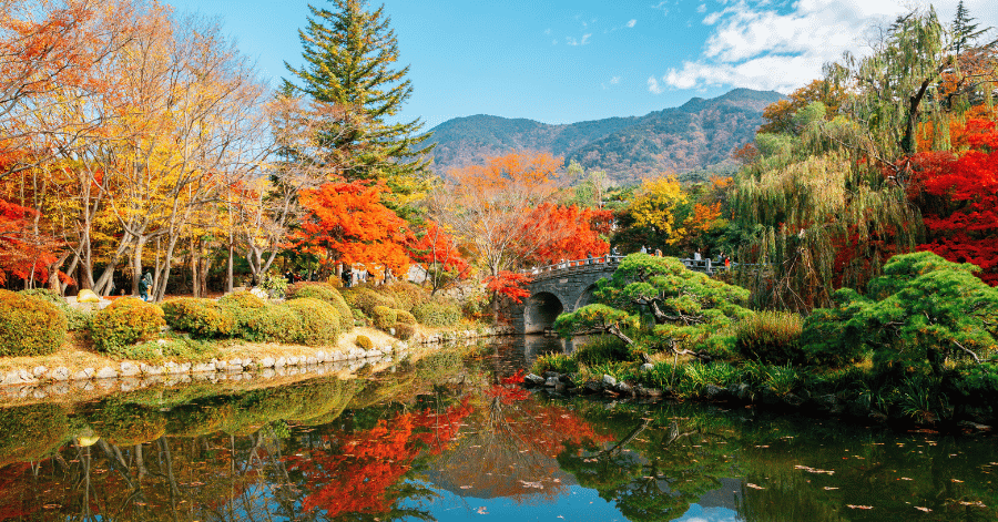 Red and orange maples around a still pond with a stone arch bridge and mountains behind