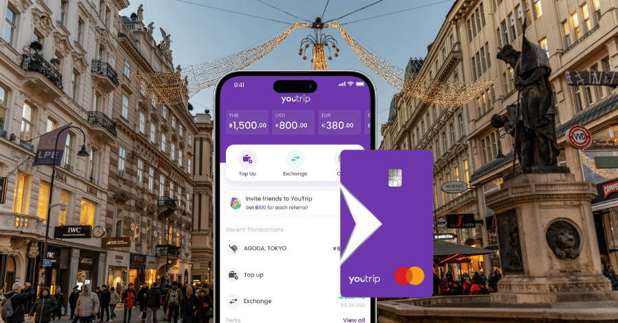 The YouTrip app showing THB, USD and EUR balances beside a purple YouTrip Mastercard