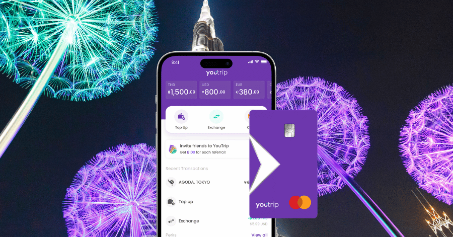 YouTrip app screen and multi-currency card shown together