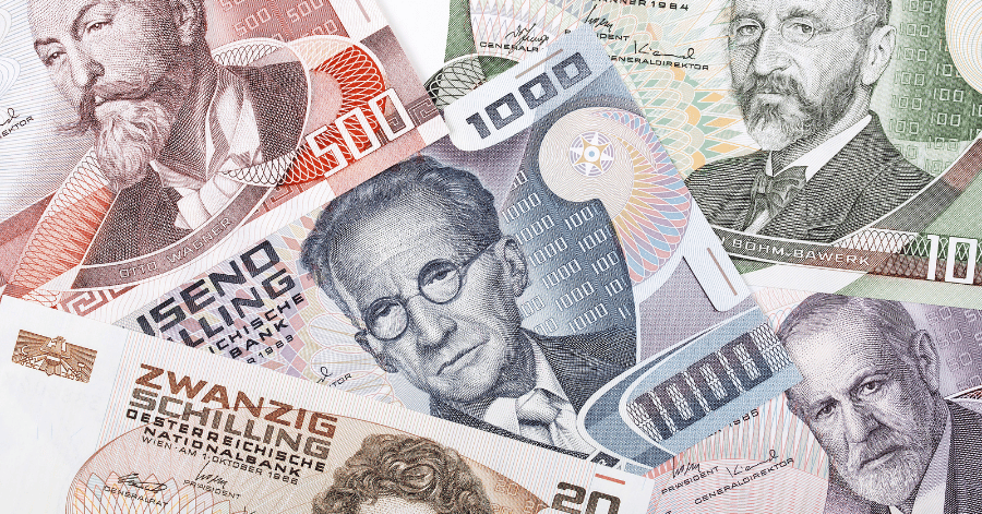 Austrian schilling banknotes showing Otto Wagner, Erwin Schrodinger and Sigmund Freud
