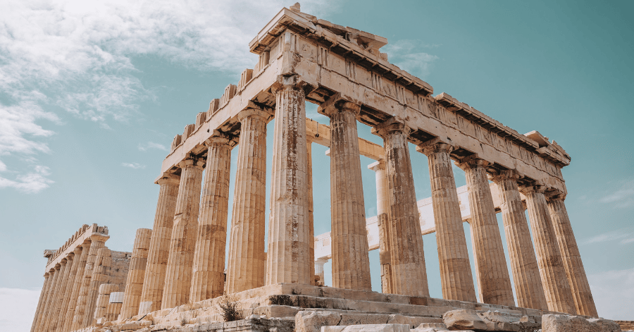 Close-up view of the Parthenon's columns atop the Acropolis in Athens