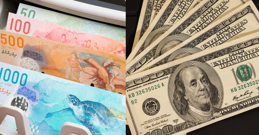 Maldivian rufiyaa banknotes fanned next to US dollar bills