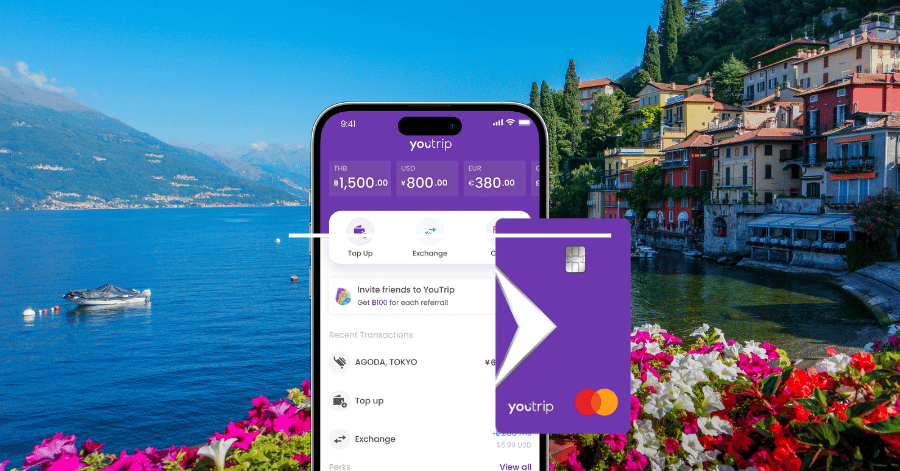 YouTrip app screen and card shown against a Lake Como backdrop