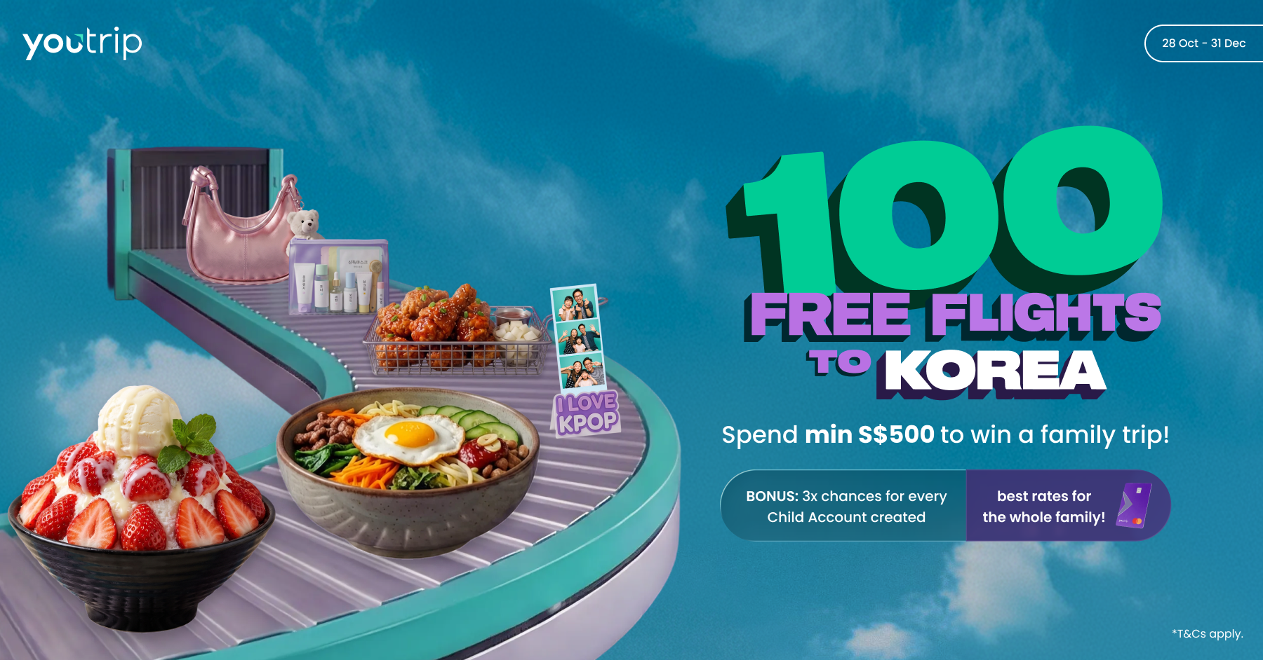 YouTrip campaign graphic: 100 free flights to Korea, with Korean food and a K-pop photo strip on a conveyor belt