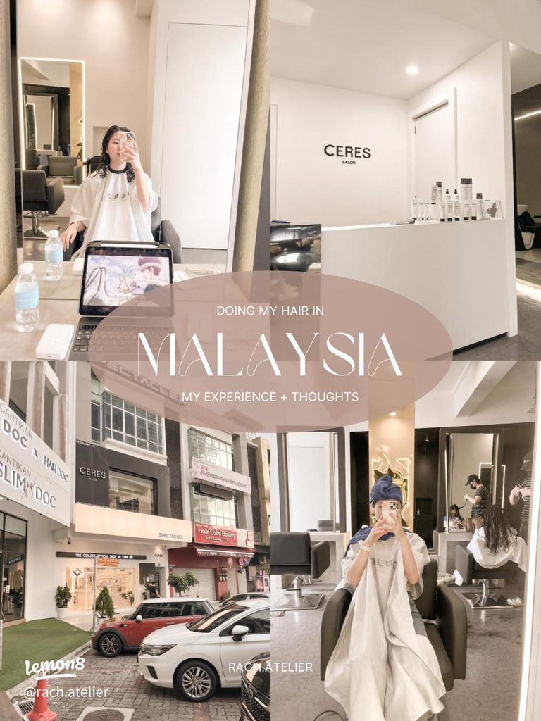 Collage of Ceres Salon's white reception counter, storefront, and a customer having her hair styled