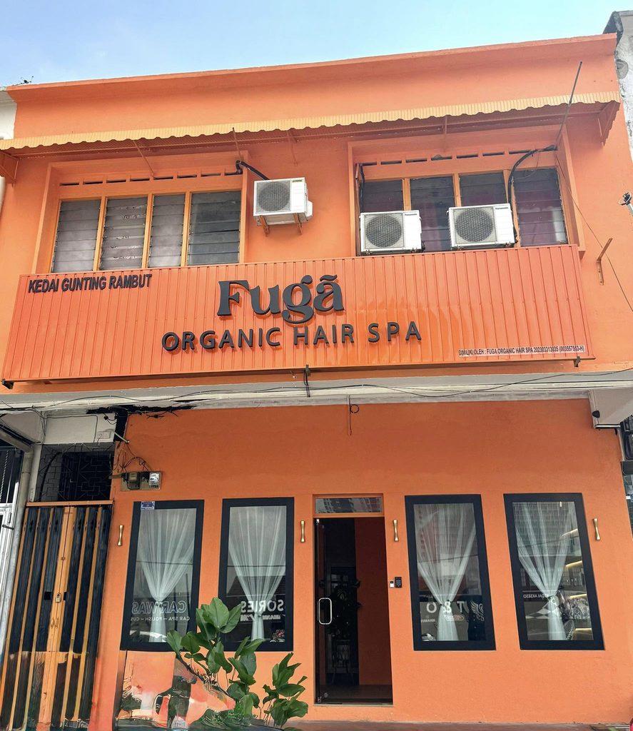 FUGÃ Organic Hair Spa's orange two-storey shophouse storefront in Taman Melodies
