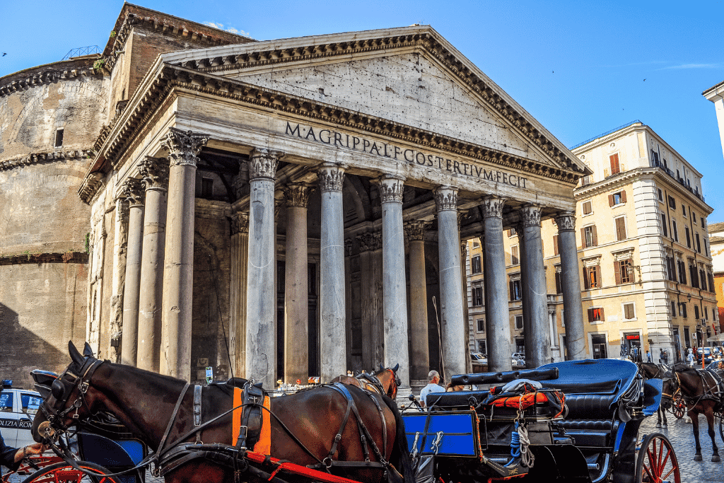 The Pantheon's ancient domed exterior and columned entrance