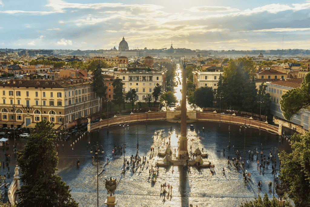 View over Piazza del Popolo and Rome's rooftops from Terrazza del Pincio