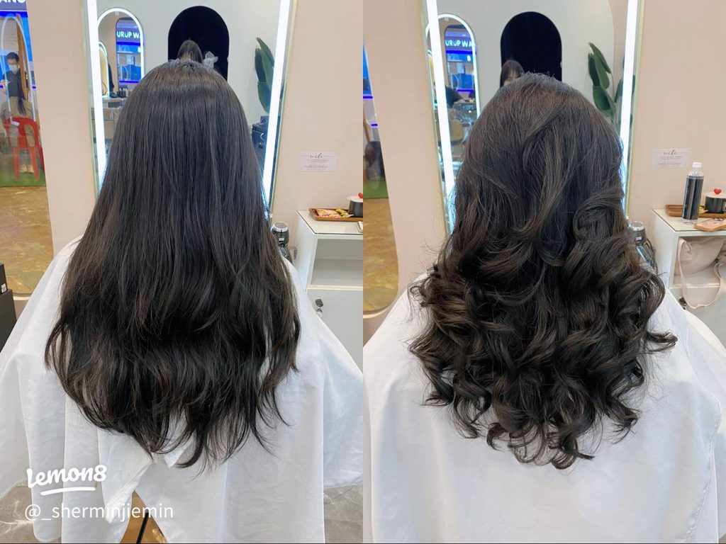 Before and after comparison of straight hair and a loose, voluminous Korean digital perm