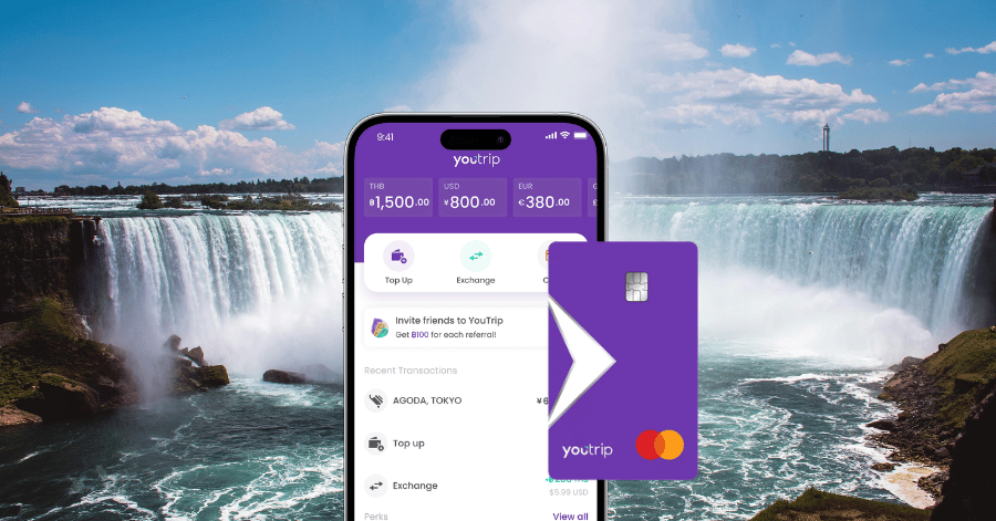 YouTrip multi-currency card and app shown against Niagara Falls, Canada