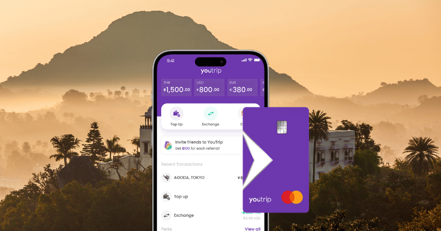 YouTrip app screen showing multi-currency balances next to the physical YouTrip card