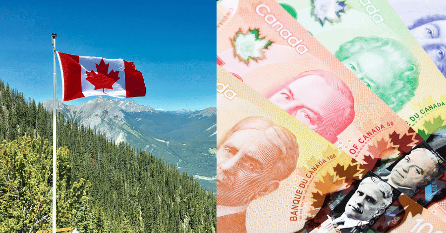 Canadian flag flying over a mountain forest, beside a fan of Canadian dollar banknotes